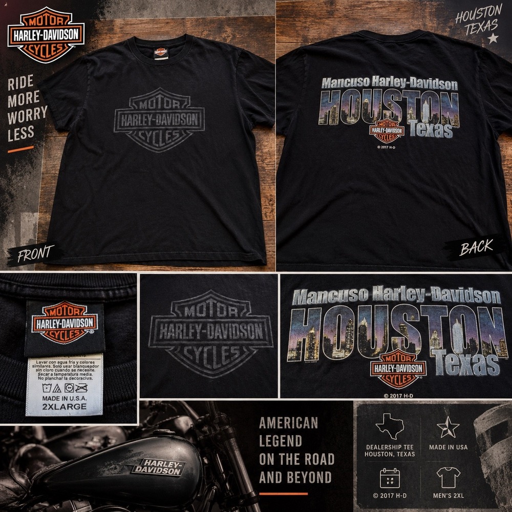 Harley Davidson Mens 2XL Black T Shirt Mancuso Houston Texas Made USA 2017